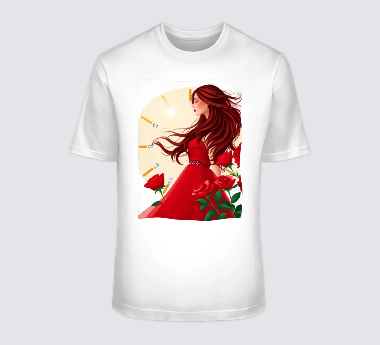 Una donna in un fluente abito rosso circondata da rose in fiore t-shirt da DesignDoodle