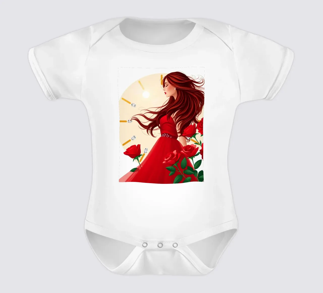 Una donna in un fluente abito rosso circondata da rose in fiore body neonato maniche corte da DesignDoodle