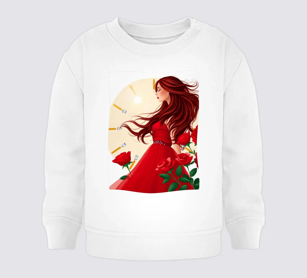 Una donna in un fluente abito rosso circondata da rose in fiore felpa neonato da DesignDoodle