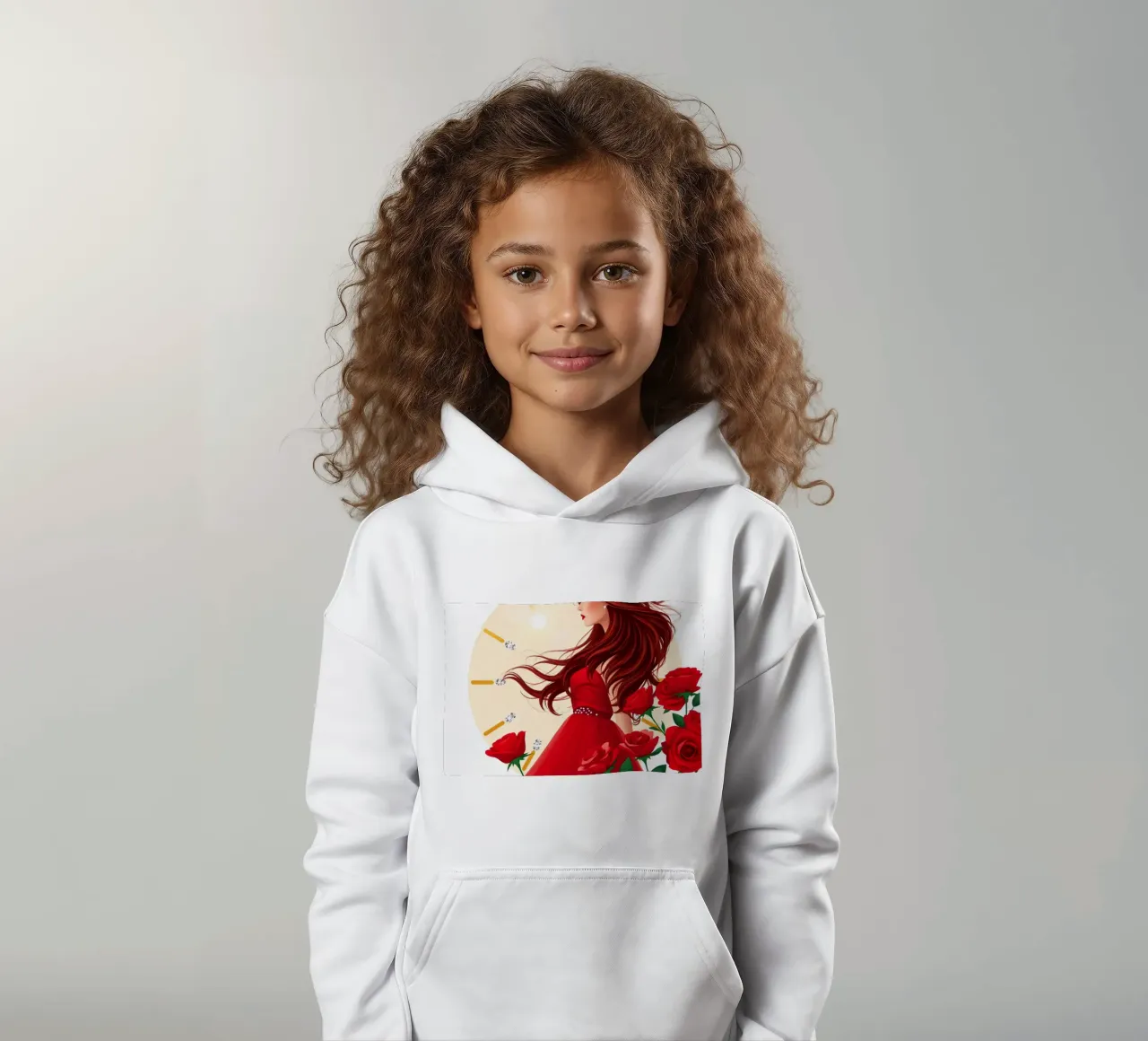 Una donna in un fluente abito rosso circondata da rose in fiore felpa bambino con cappuccio da DesignDoodle