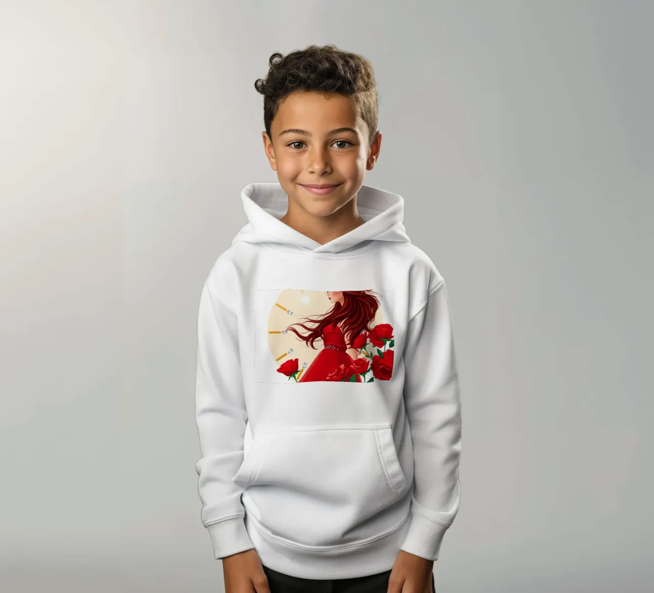 Una donna in un fluente abito rosso circondata da rose in fiore felpa bambino con cappuccio da DesignDoodle