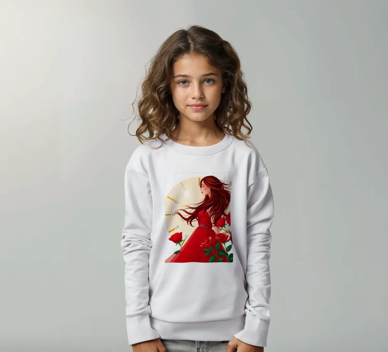 Una donna in un fluente abito rosso circondata da rose in fiore felpa bambino da DesignDoodle