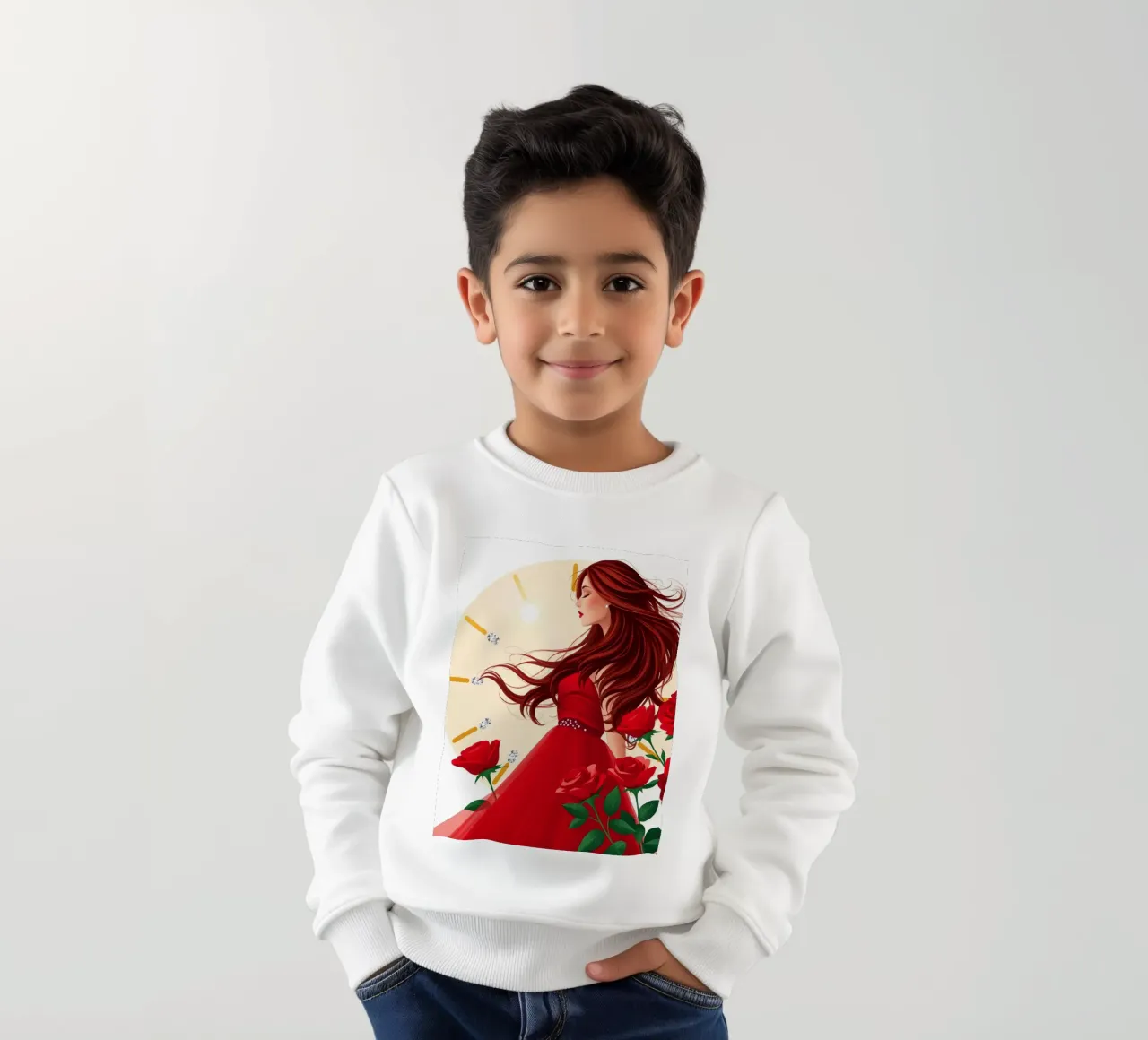 Una donna in un fluente abito rosso circondata da rose in fiore felpa bambino da DesignDoodle