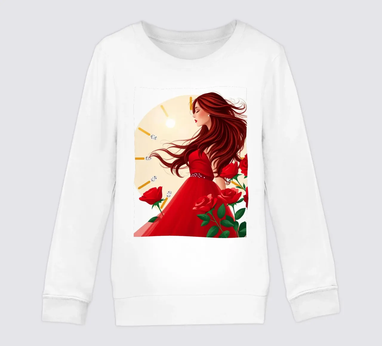 Una donna in un fluente abito rosso circondata da rose in fiore felpa bambino da DesignDoodle