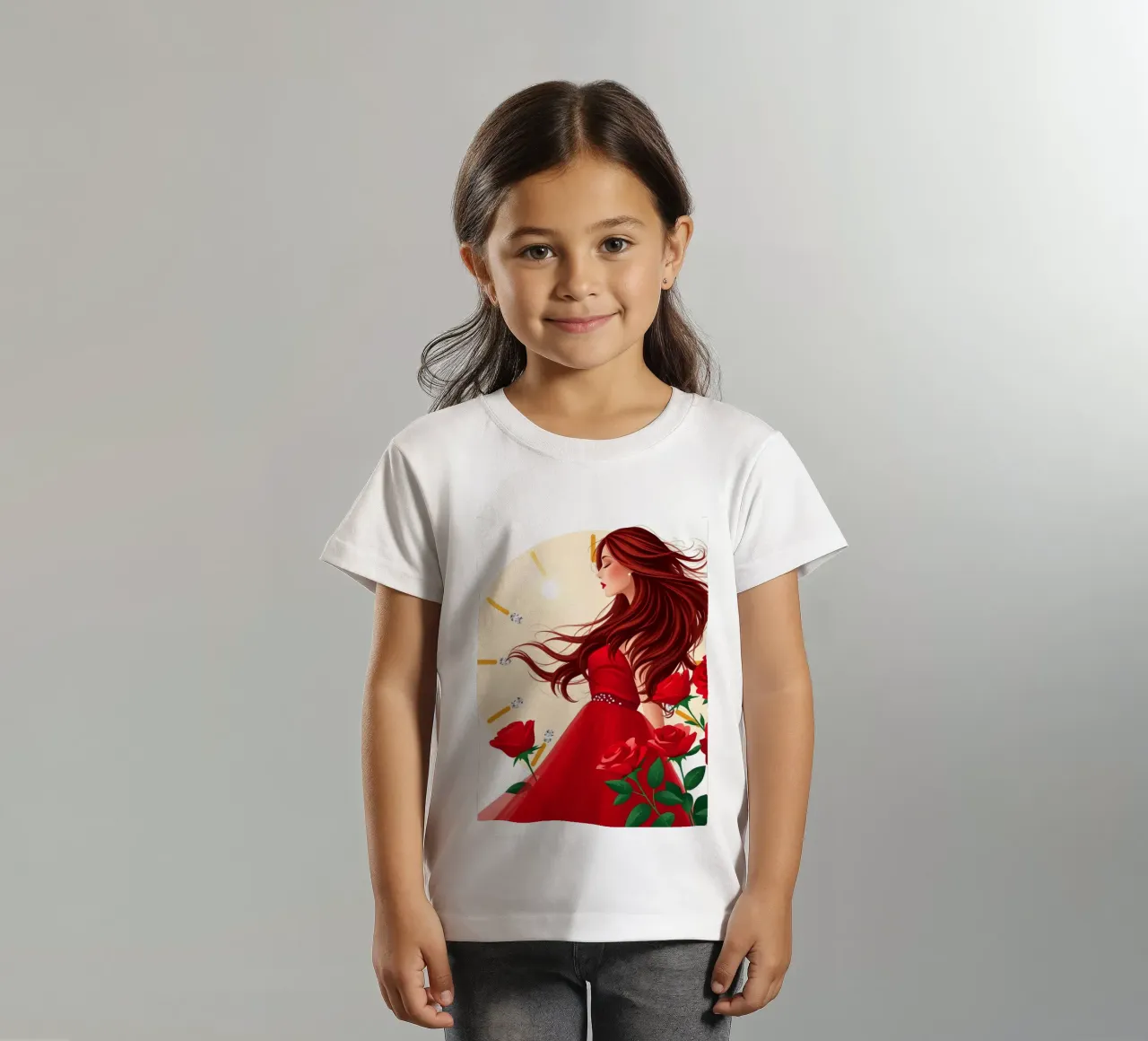 Una donna in un fluente abito rosso circondata da rose in fiore t-shirt bambini da DesignDoodle