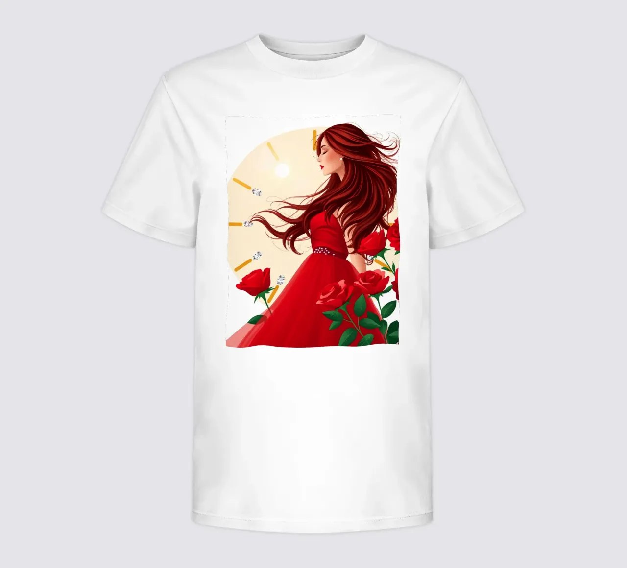 Una donna in un fluente abito rosso circondata da rose in fiore t-shirt bambini da DesignDoodle