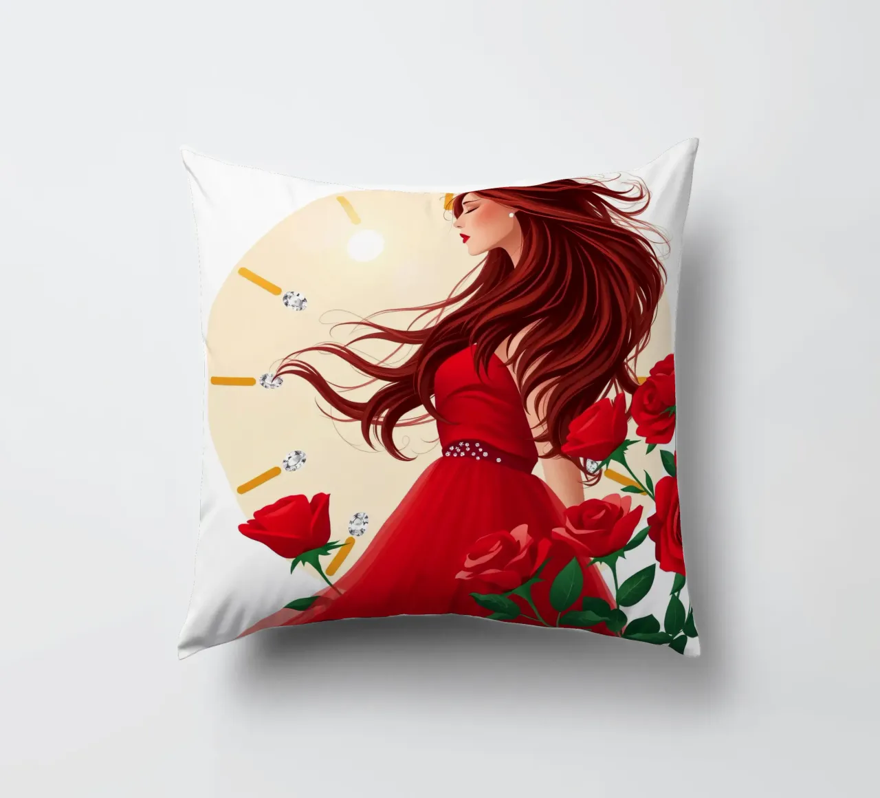 Una donna in un fluente abito rosso circondata da rose in fiore cuscino da DesignDoodle