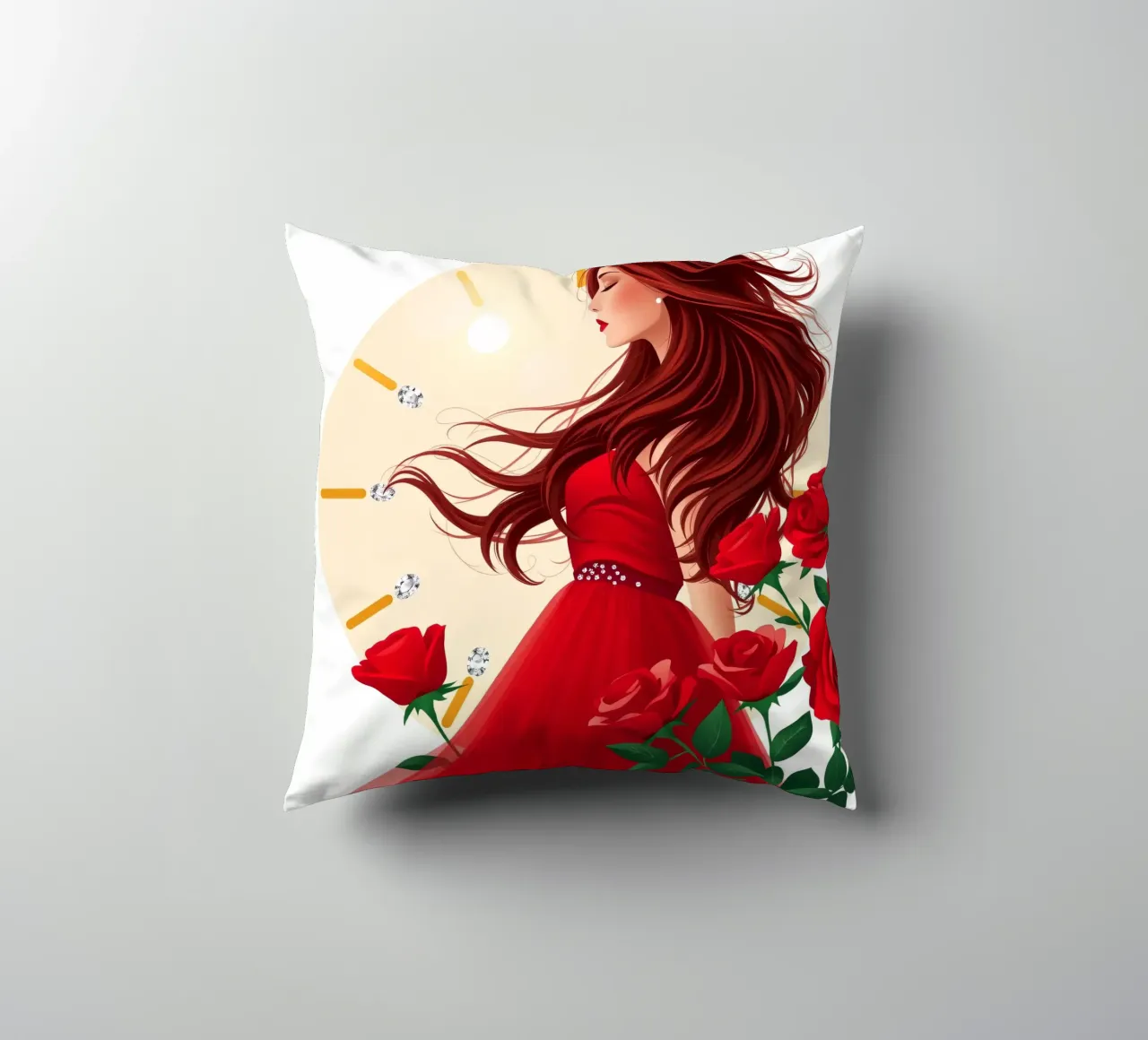 Una donna in un fluente abito rosso circondata da rose in fiore cuscino da DesignDoodle