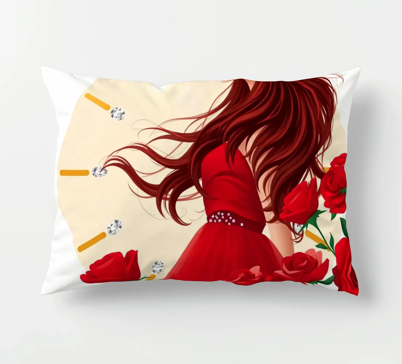 Una donna in un fluente abito rosso circondata da rose in fiore cuscino da DesignDoodle