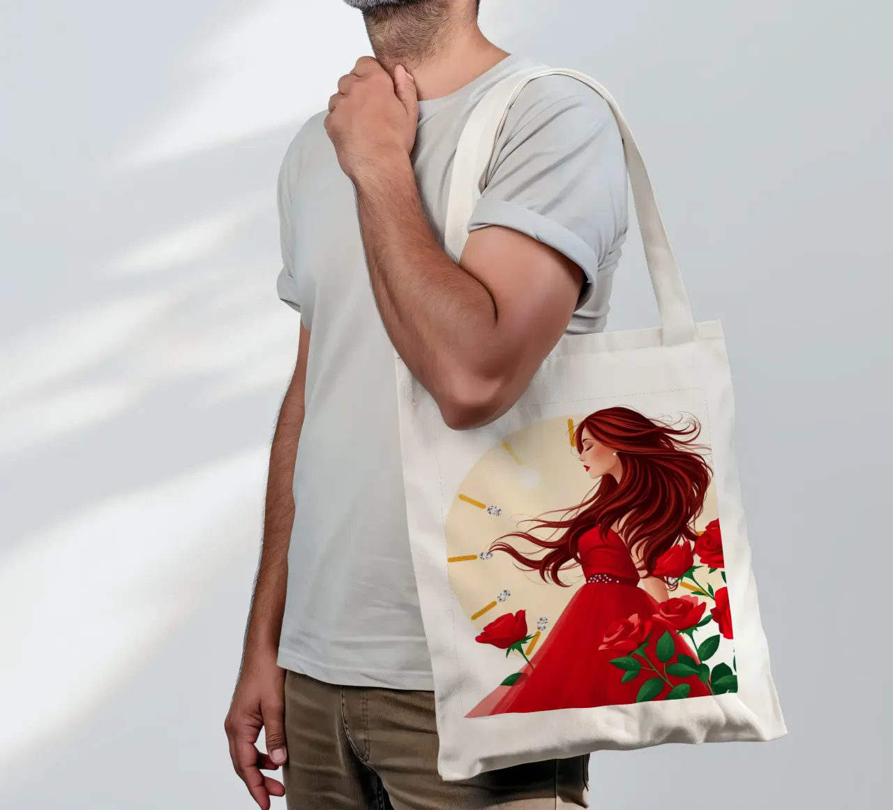 Una donna in un fluente abito rosso circondata da rose in fiore borsa in juta da DesignDoodle