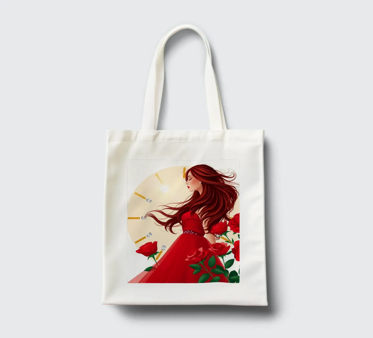 Una donna in un fluente abito rosso circondata da rose in fiore borsa in juta da DesignDoodle