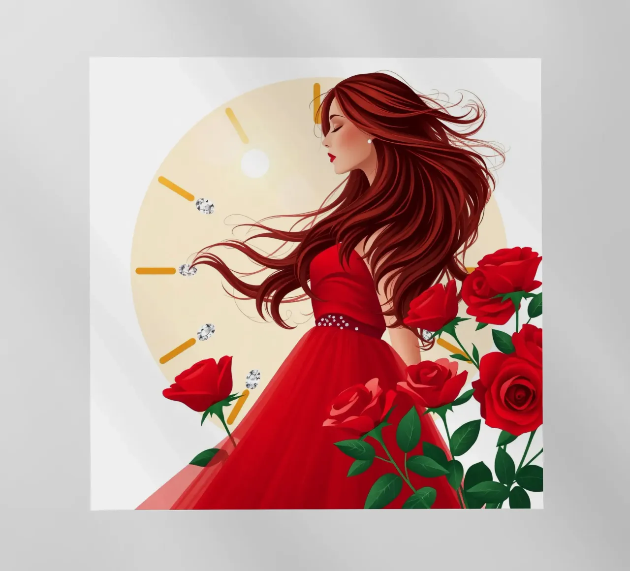 Una donna in un fluente abito rosso circondata da rose in fiore pellicola backlit da DesignDoodle