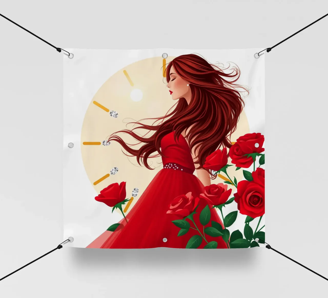 Una donna in un fluente abito rosso circondata da rose in fiore telo in pvc da DesignDoodle