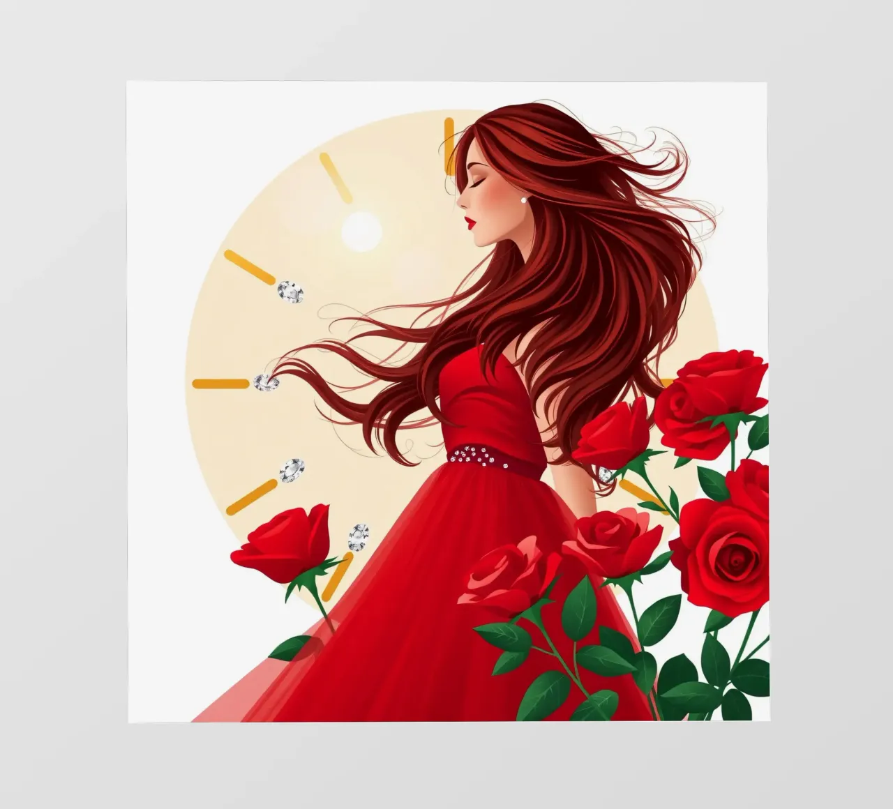 Una donna in un fluente abito rosso circondata da rose in fiore telo in pvc da DesignDoodle