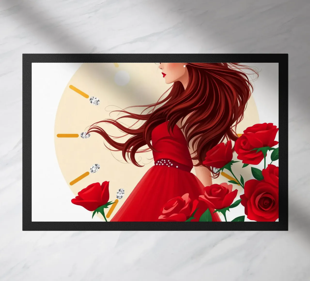 Una donna in un fluente abito rosso circondata da rose in fiore zerbino da DesignDoodle