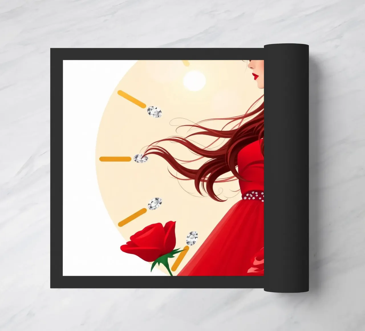 Una donna in un fluente abito rosso circondata da rose in fiore zerbino da DesignDoodle
