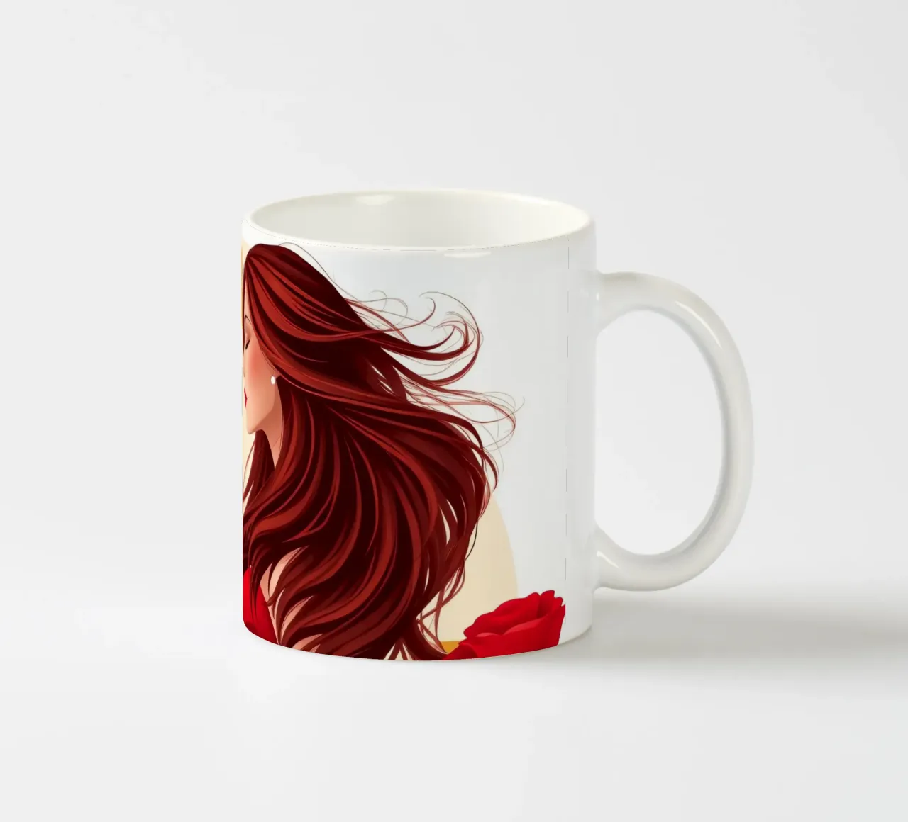 Una donna in un fluente abito rosso circondata da rose in fiore tazza in ceramica da DesignDoodle