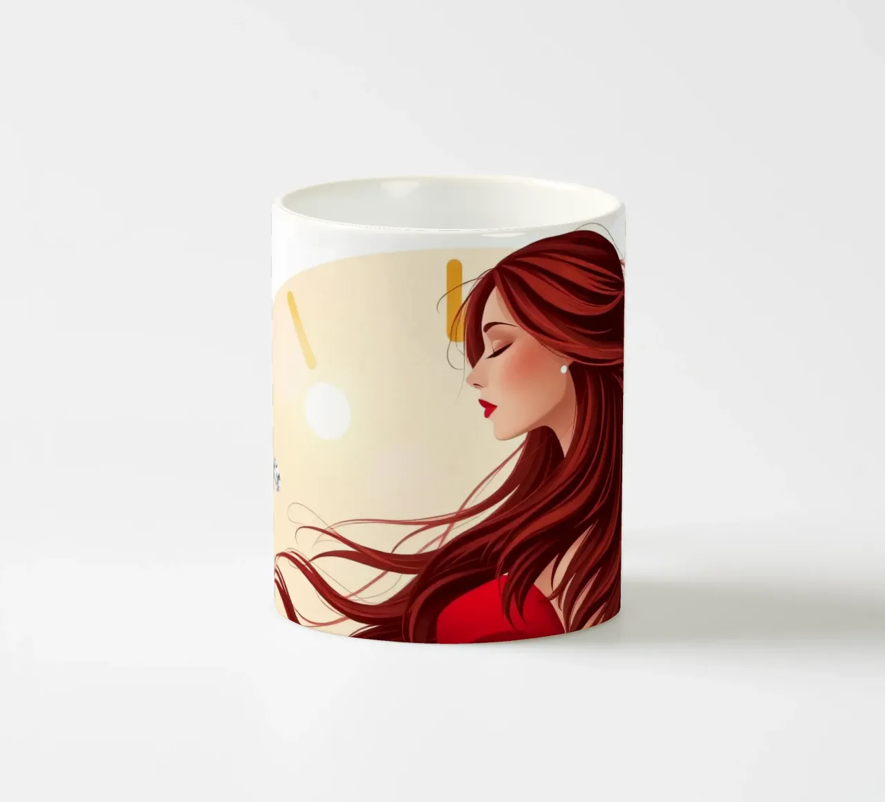 Una donna in un fluente abito rosso circondata da rose in fiore tazza in ceramica da DesignDoodle