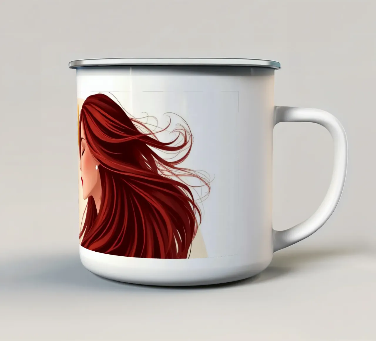 Una donna in un fluente abito rosso circondata da rose in fiore tazza in smalto da DesignDoodle