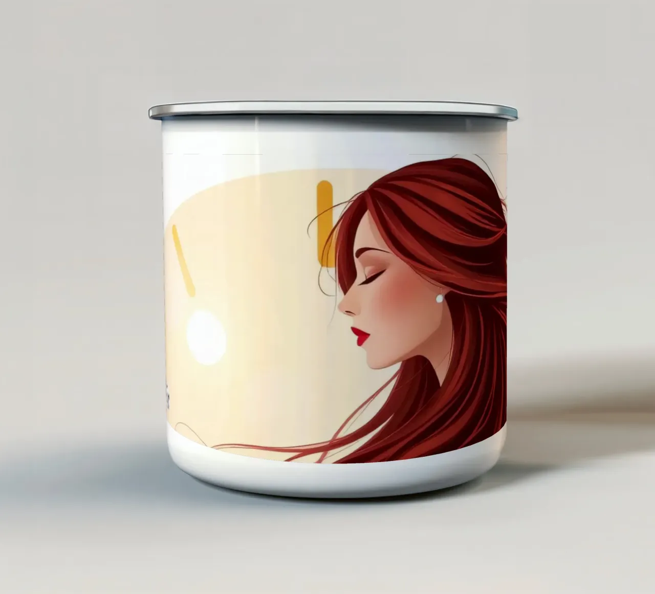 Una donna in un fluente abito rosso circondata da rose in fiore tazza in smalto da DesignDoodle
