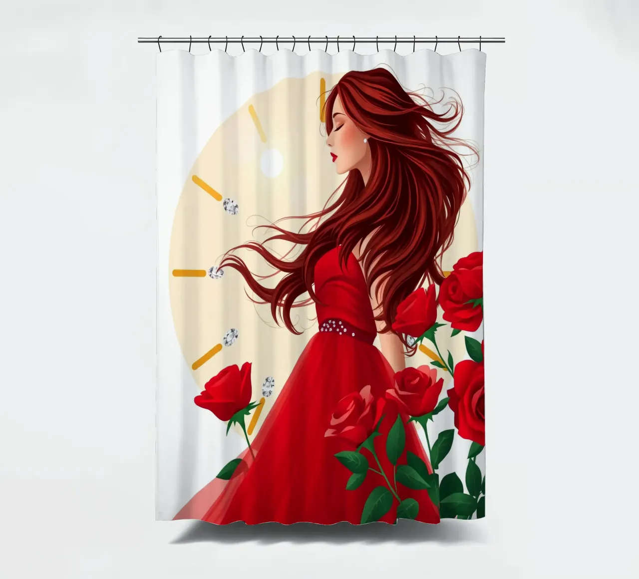 Una donna in un fluente abito rosso circondata da rose in fiore tenda da doccia da DesignDoodle