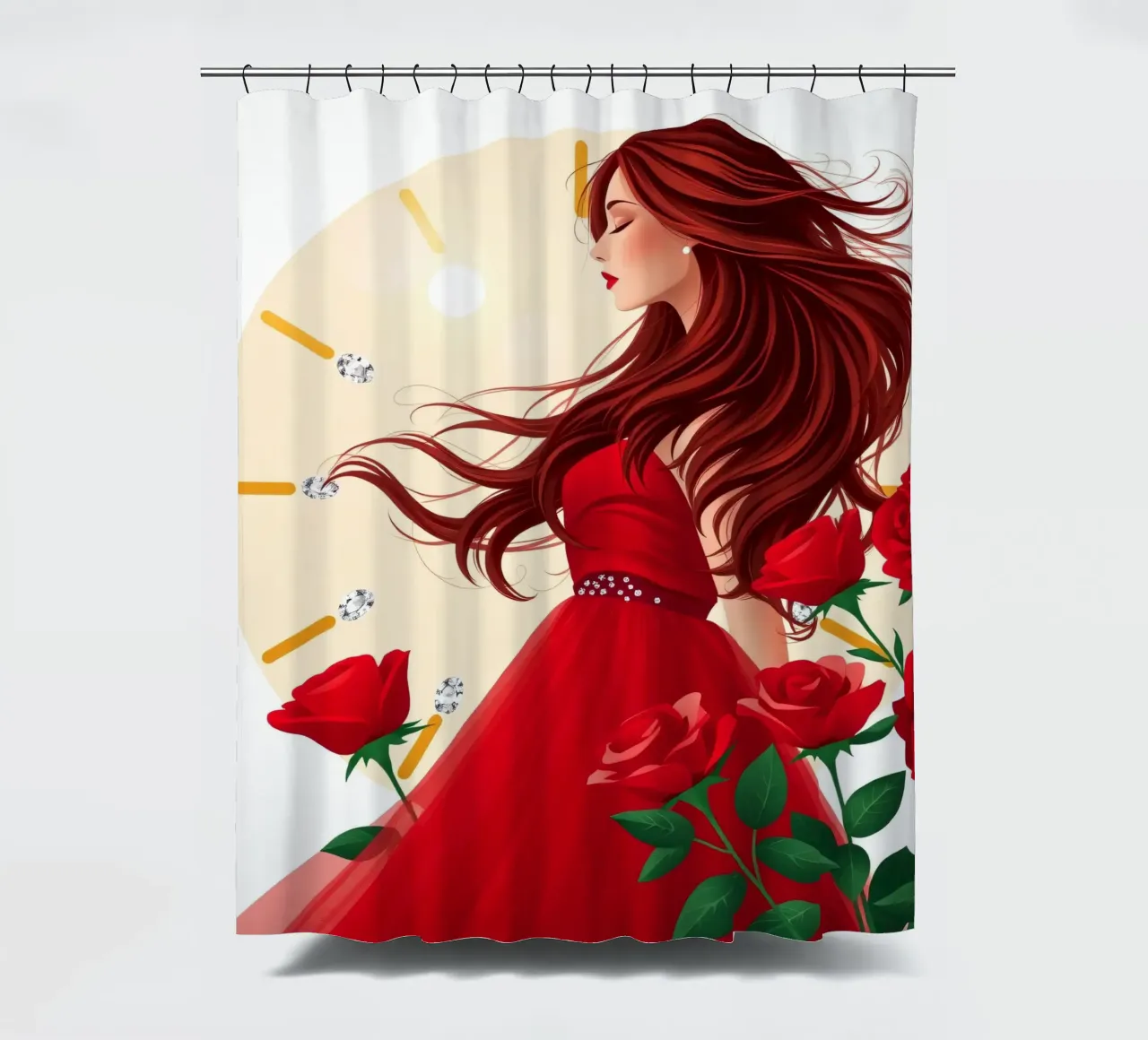 Una donna in un fluente abito rosso circondata da rose in fiore tenda da doccia da DesignDoodle