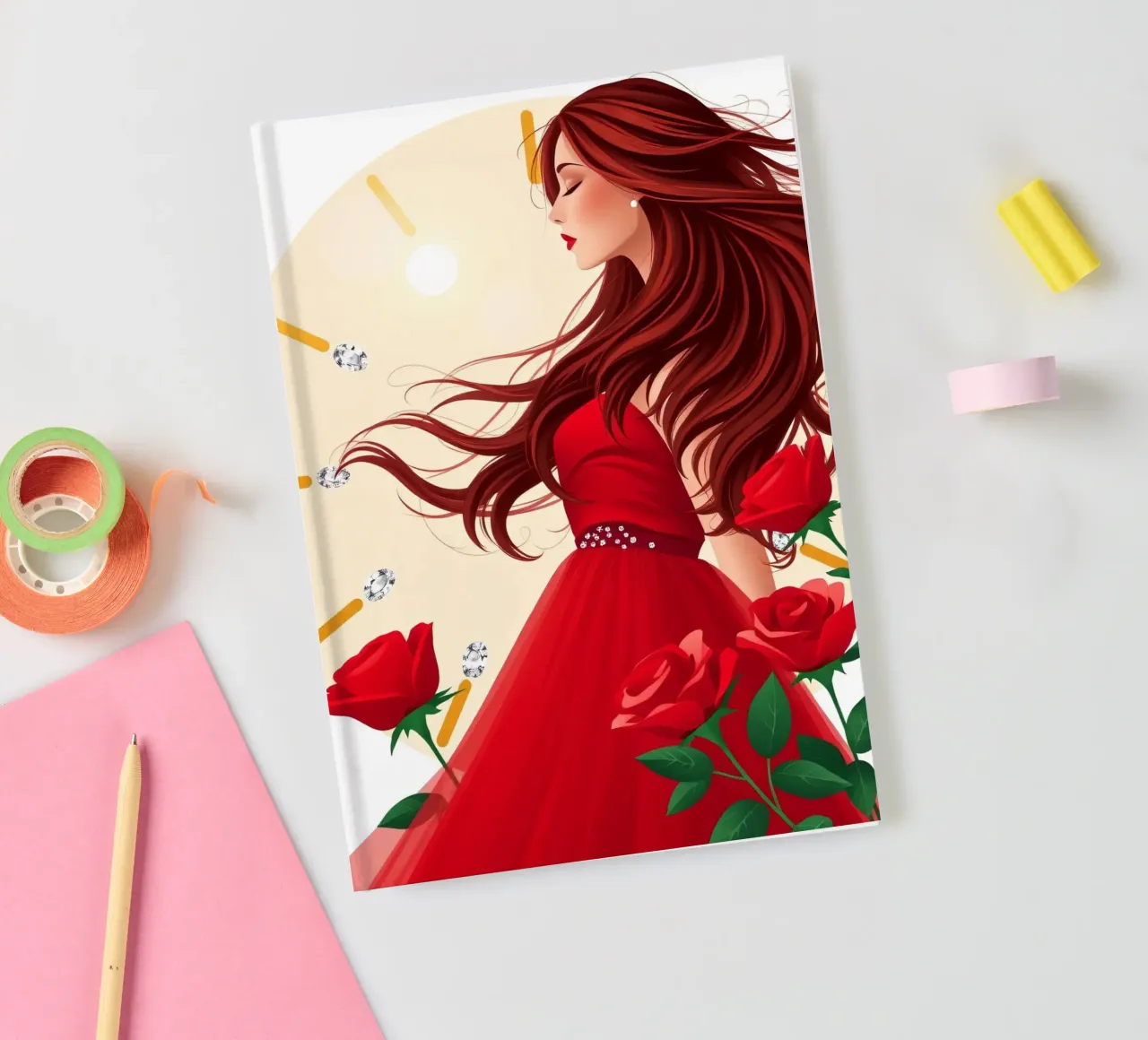 Una donna in un fluente abito rosso circondata da rose in fiore diario da DesignDoodle