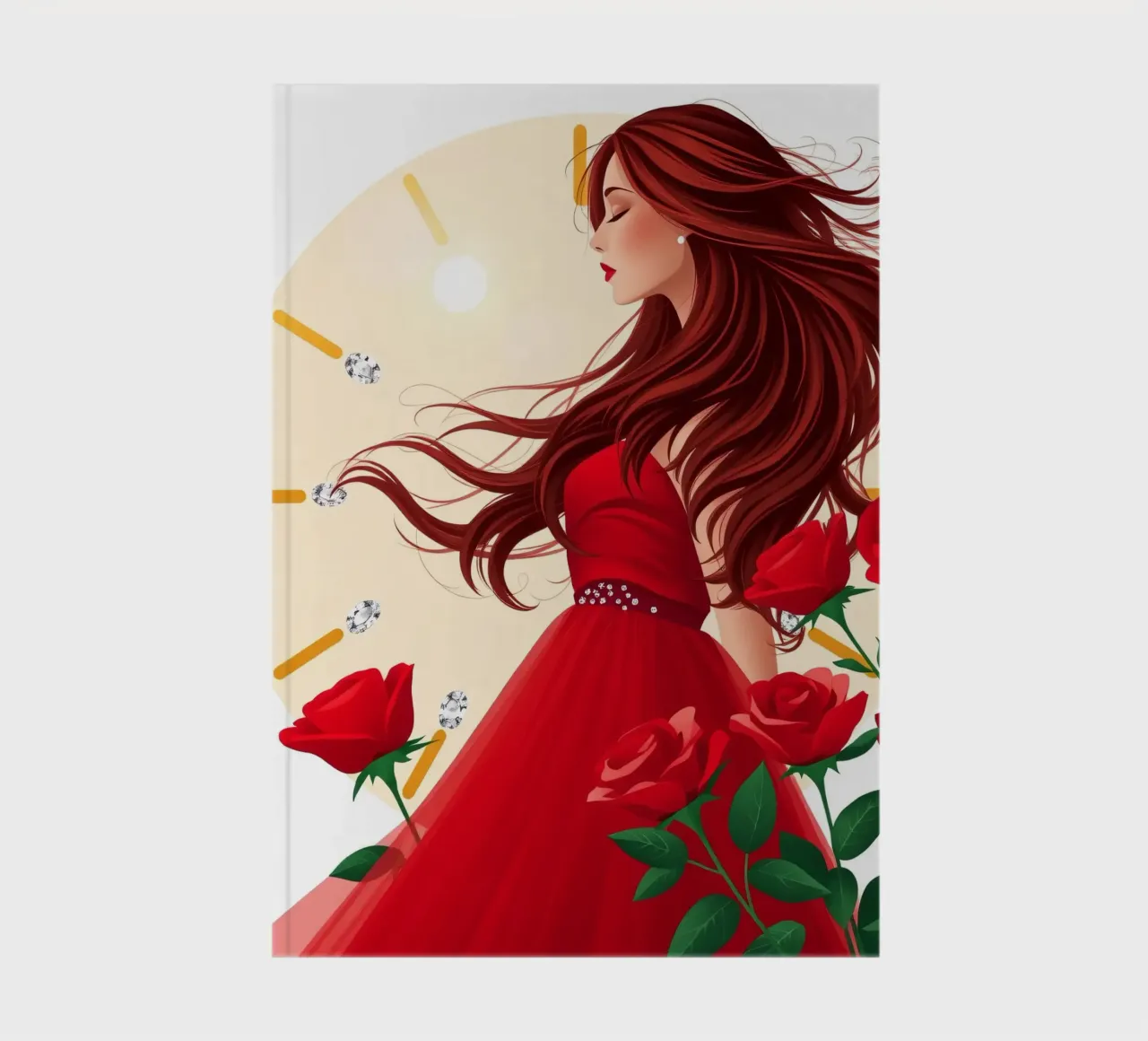 Una donna in un fluente abito rosso circondata da rose in fiore diario da DesignDoodle