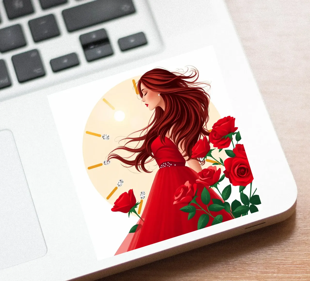 Una donna in un fluente abito rosso circondata da rose in fiore adesivo da DesignDoodle