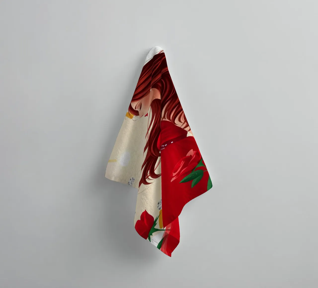 Una donna in un fluente abito rosso circondata da rose in fiore asciugamano da bagno da DesignDoodle
