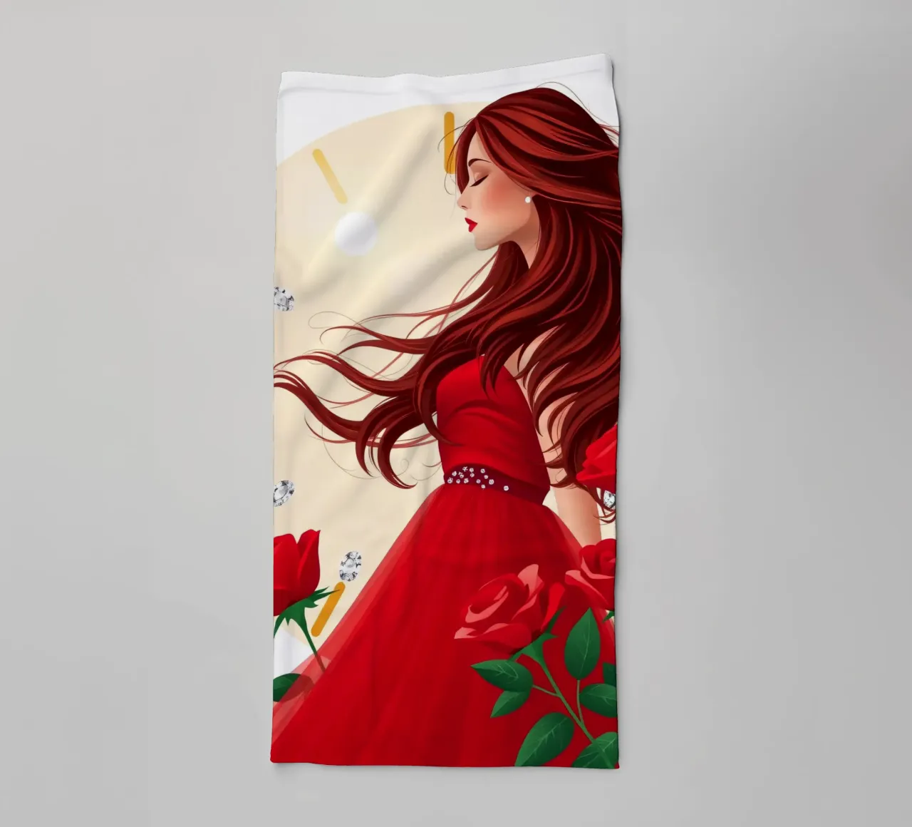 Una donna in un fluente abito rosso circondata da rose in fiore asciugamano da bagno da DesignDoodle