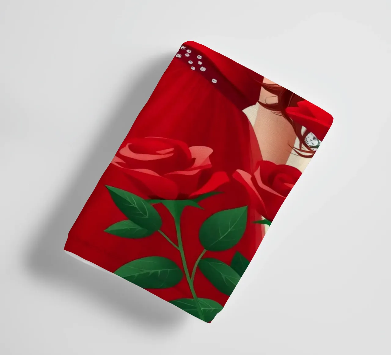Una donna in un fluente abito rosso circondata da rose in fiore asciugamano da bagno da DesignDoodle