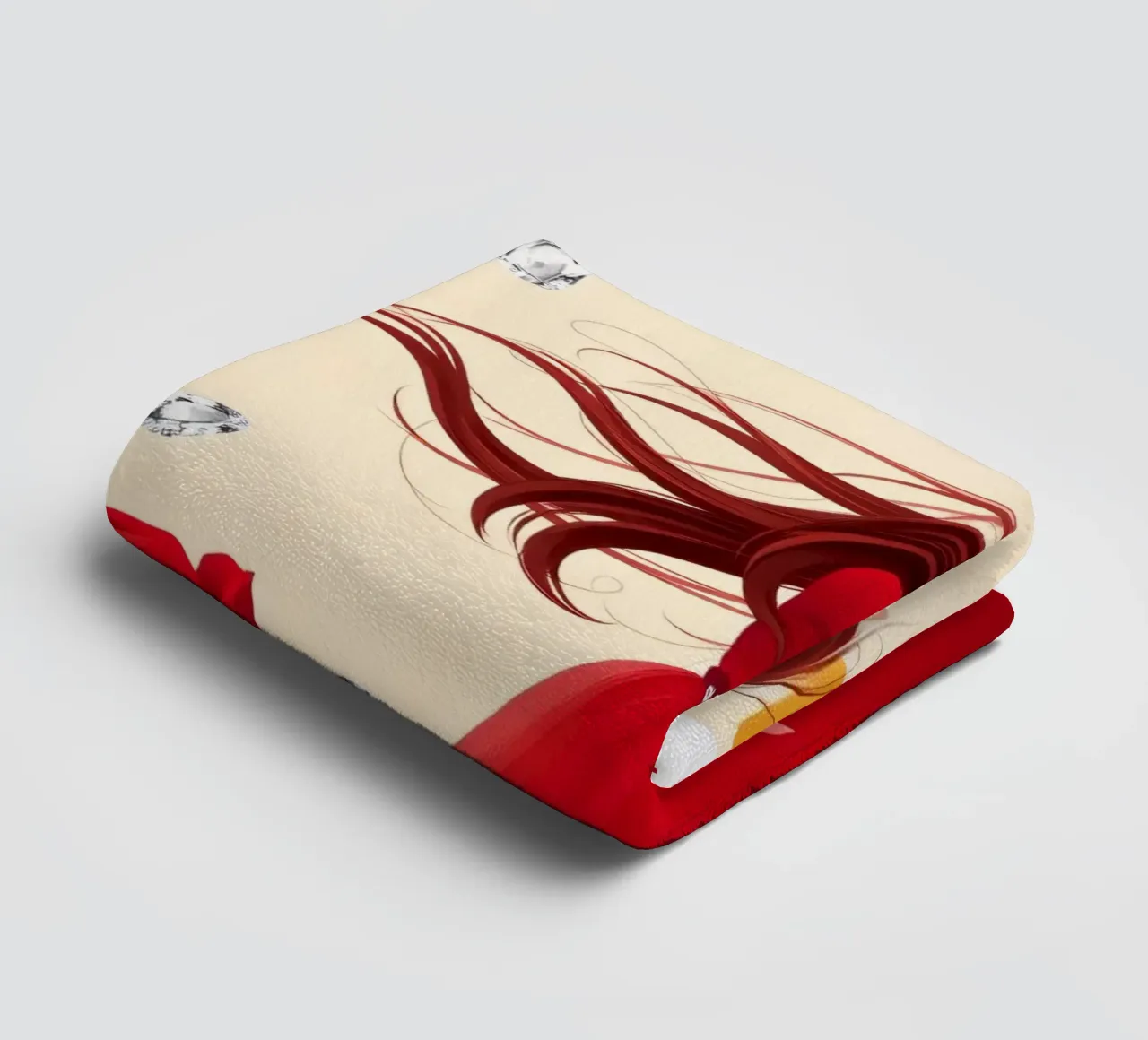 Una donna in un fluente abito rosso circondata da rose in fiore asciugamano da bagno da DesignDoodle