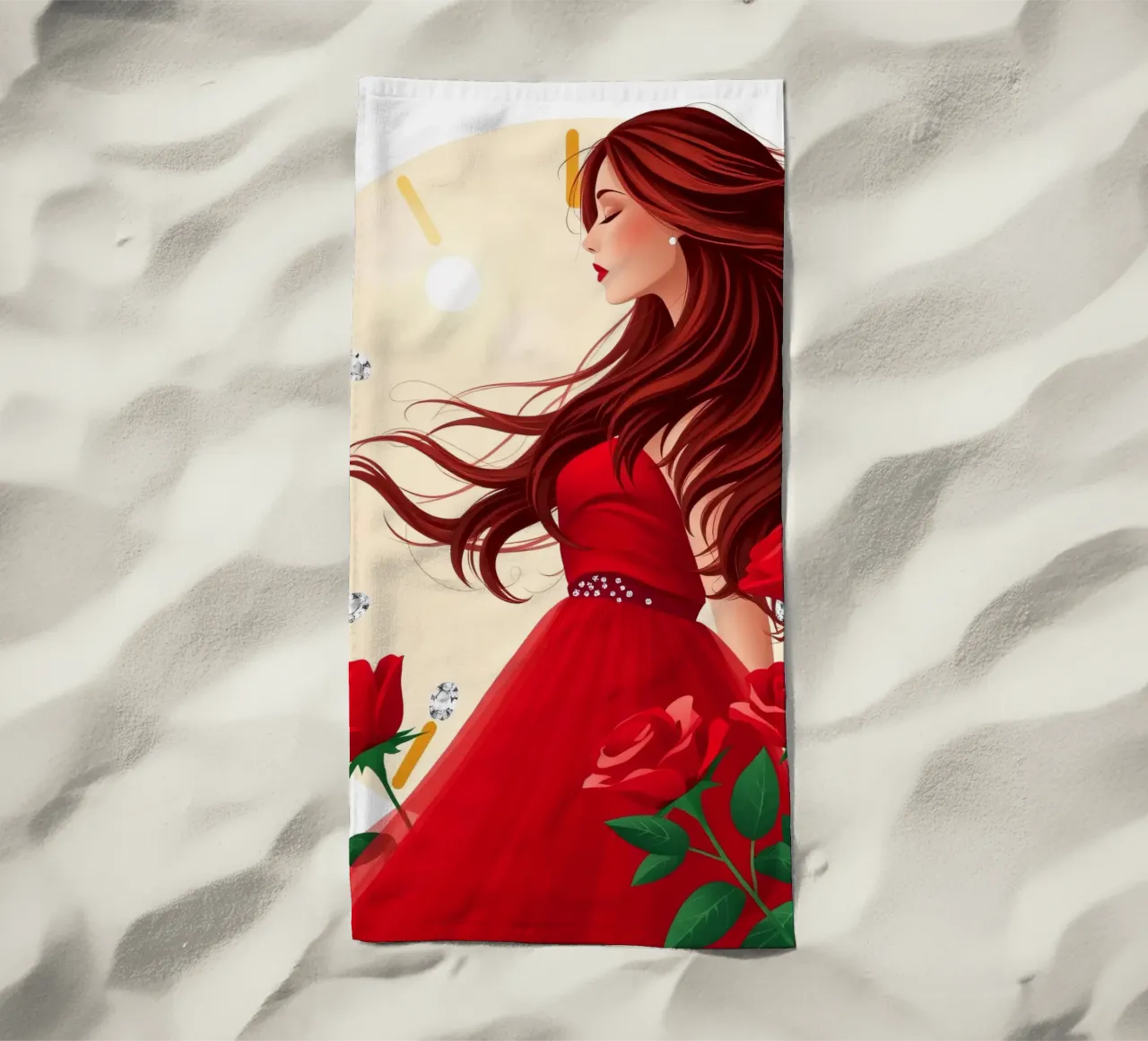 Una donna in un fluente abito rosso circondata da rose in fiore telo mare da DesignDoodle