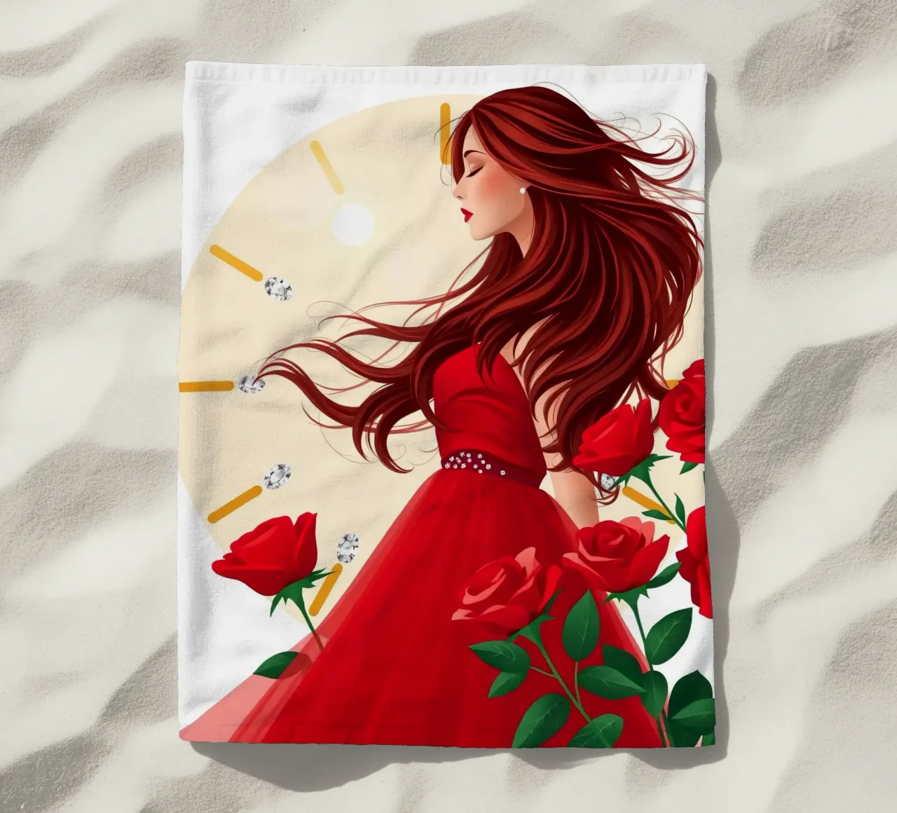 Una donna in un fluente abito rosso circondata da rose in fiore telo mare da DesignDoodle