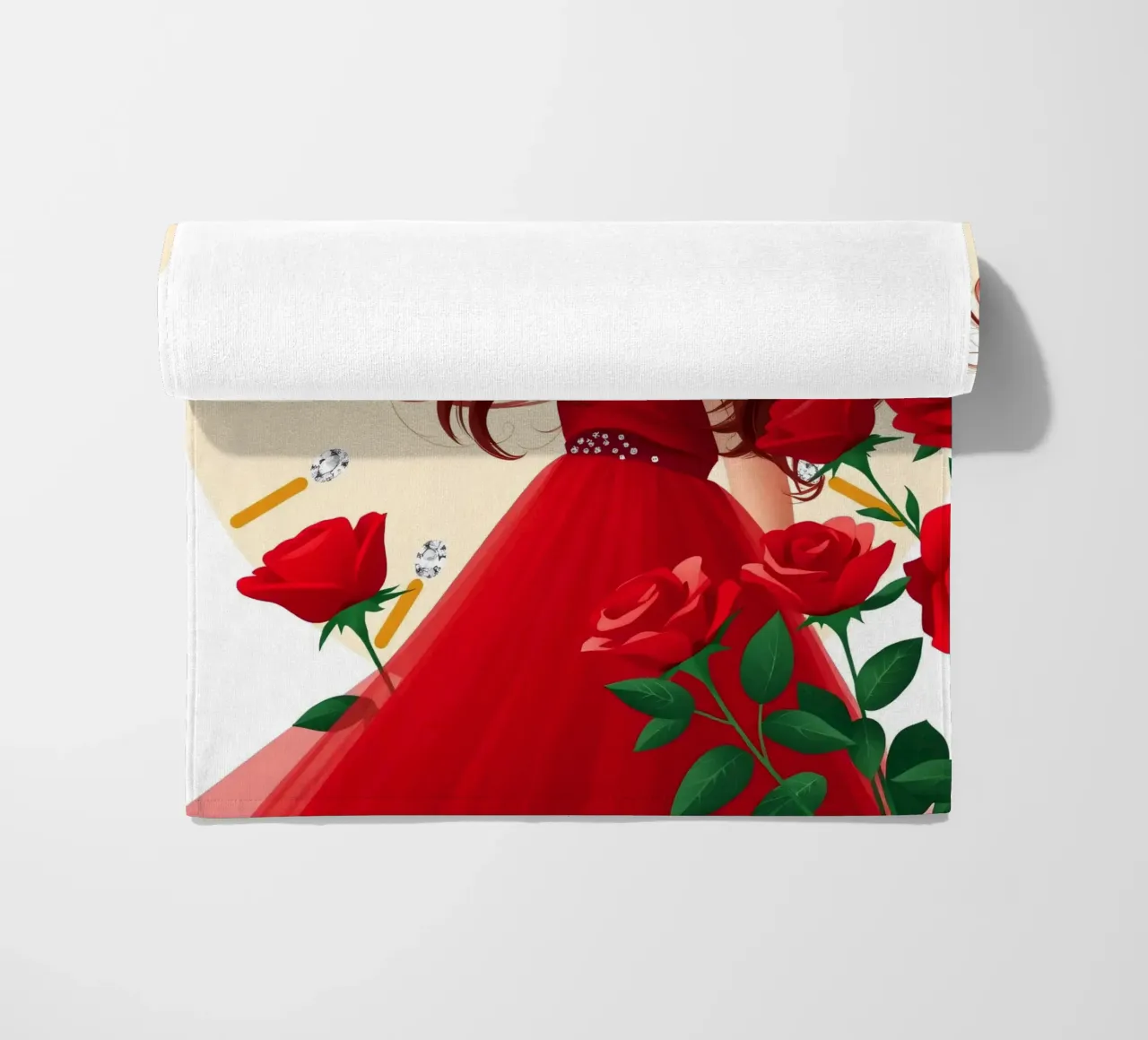 Una donna in un fluente abito rosso circondata da rose in fiore telo mare da DesignDoodle