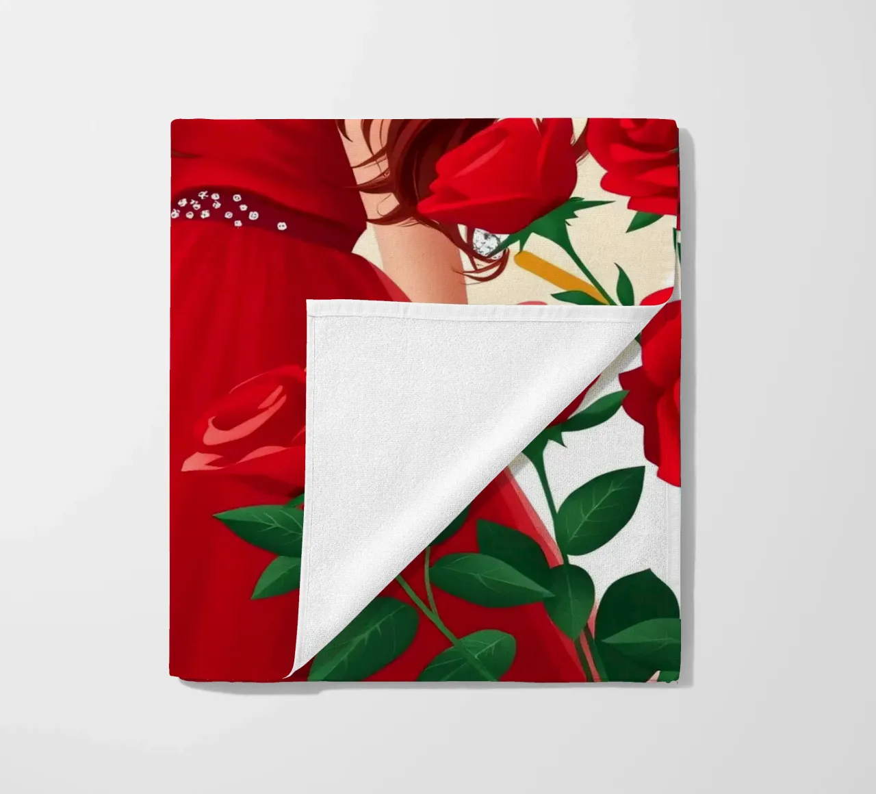 Una donna in un fluente abito rosso circondata da rose in fiore telo mare da DesignDoodle