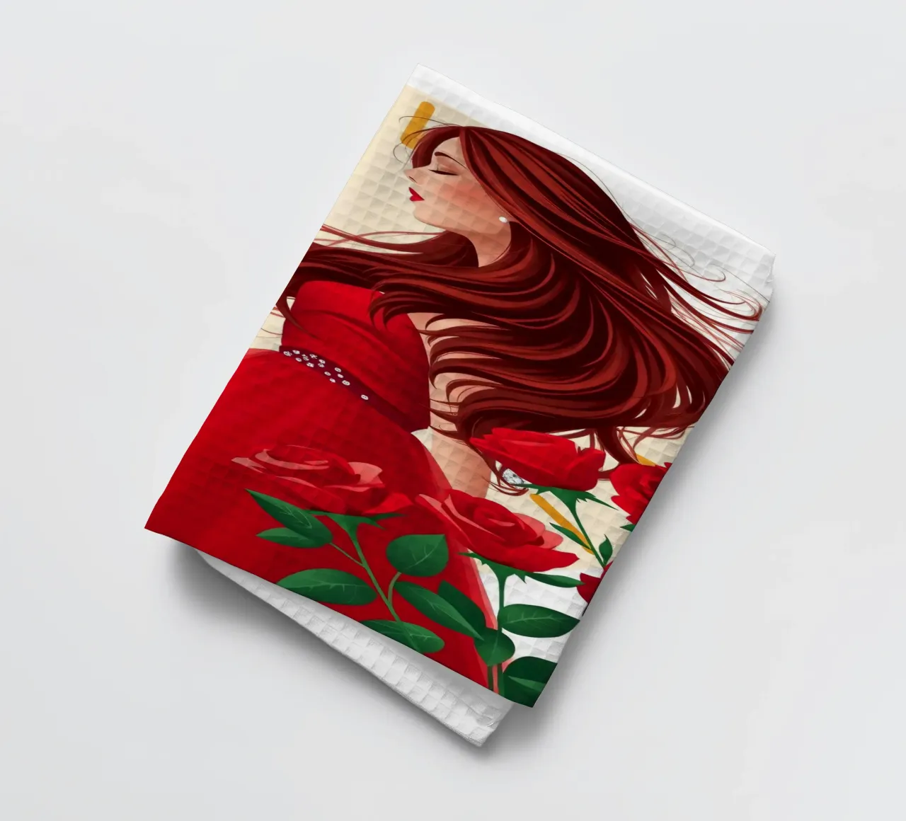 Una donna in un fluente abito rosso circondata da rose in fiore canovaccio da cucina da DesignDoodle