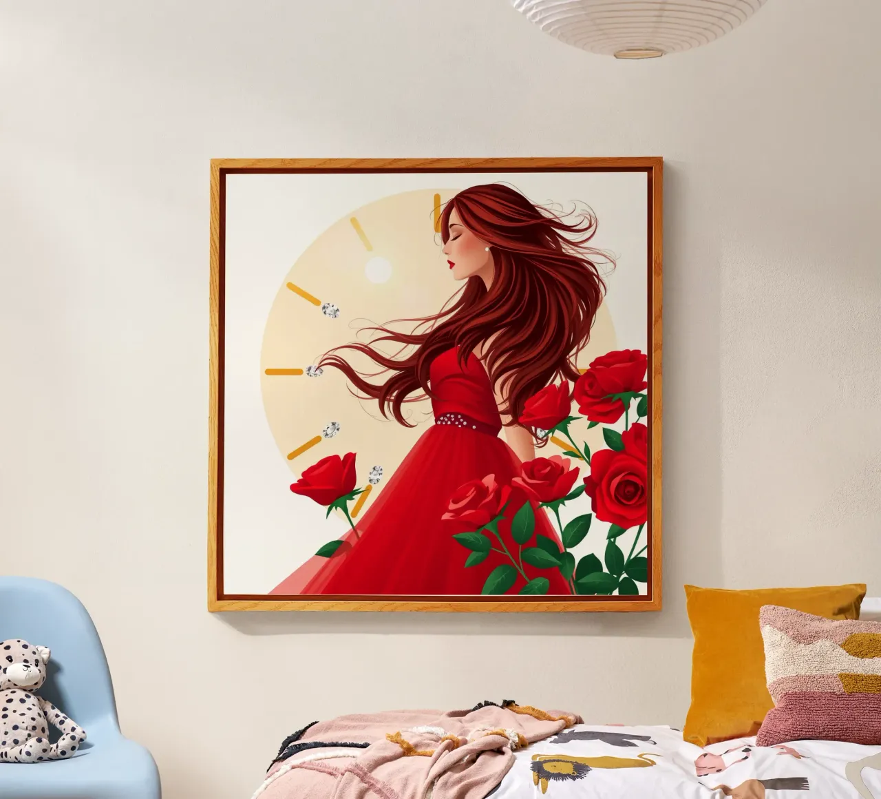 Una donna in un fluente abito rosso circondata da rose in fiore plexiglass da DesignDoodle