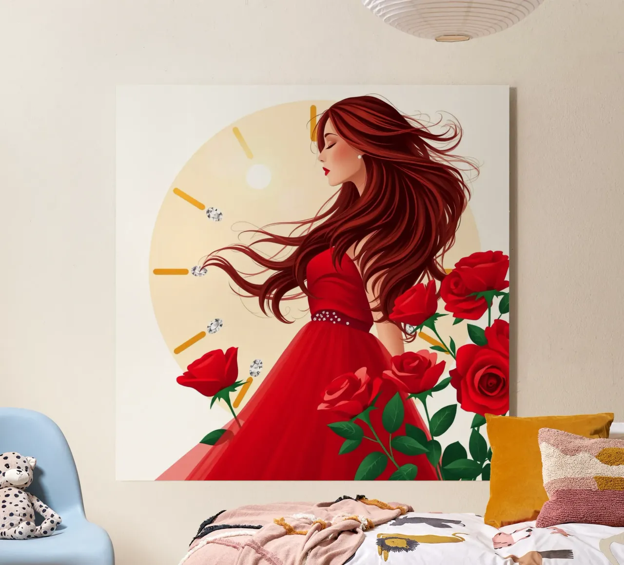 Una donna in un fluente abito rosso circondata da rose in fiore plexiglass da DesignDoodle