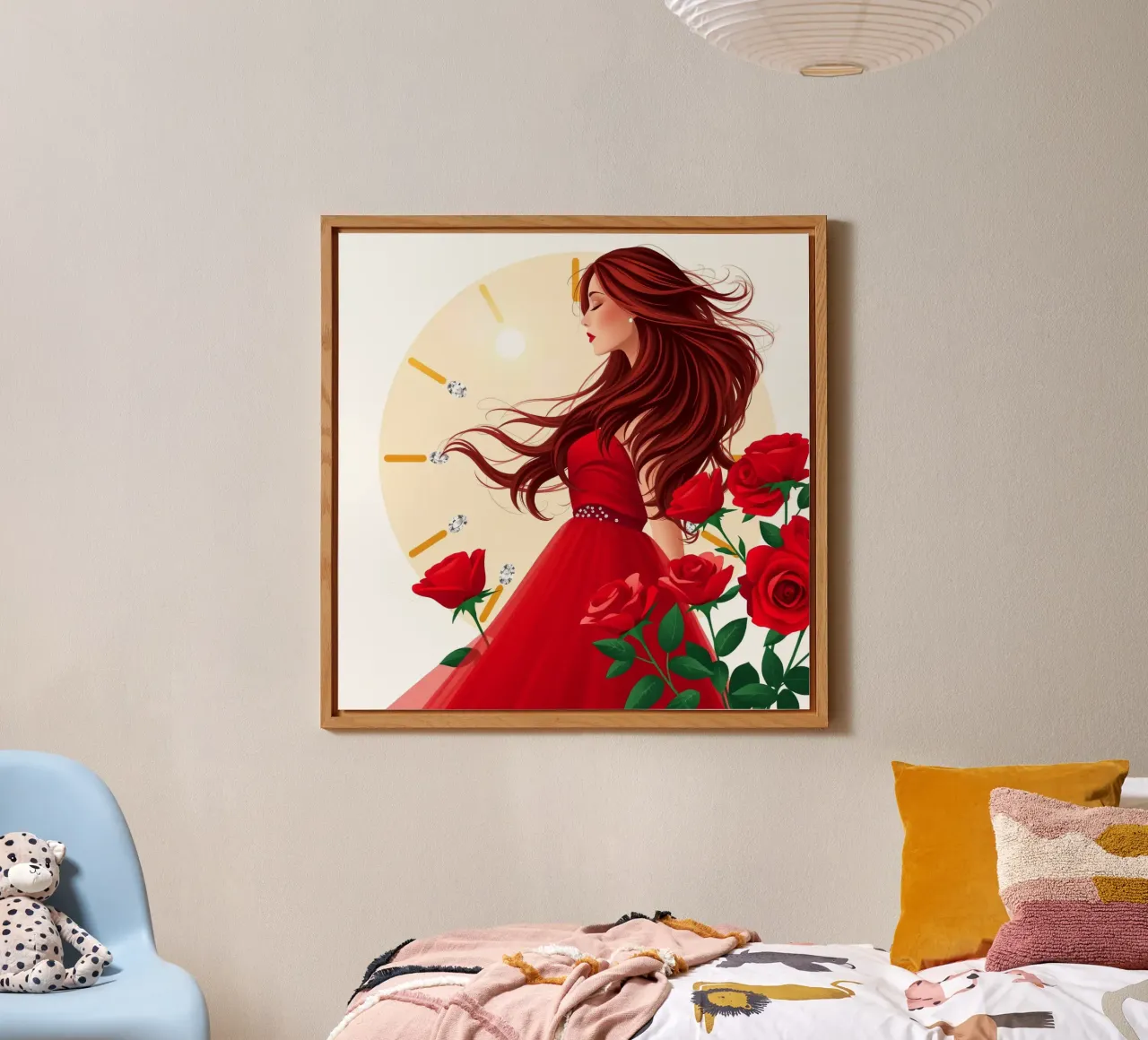 Una donna in un fluente abito rosso circondata da rose in fiore alluminio dibond da DesignDoodle