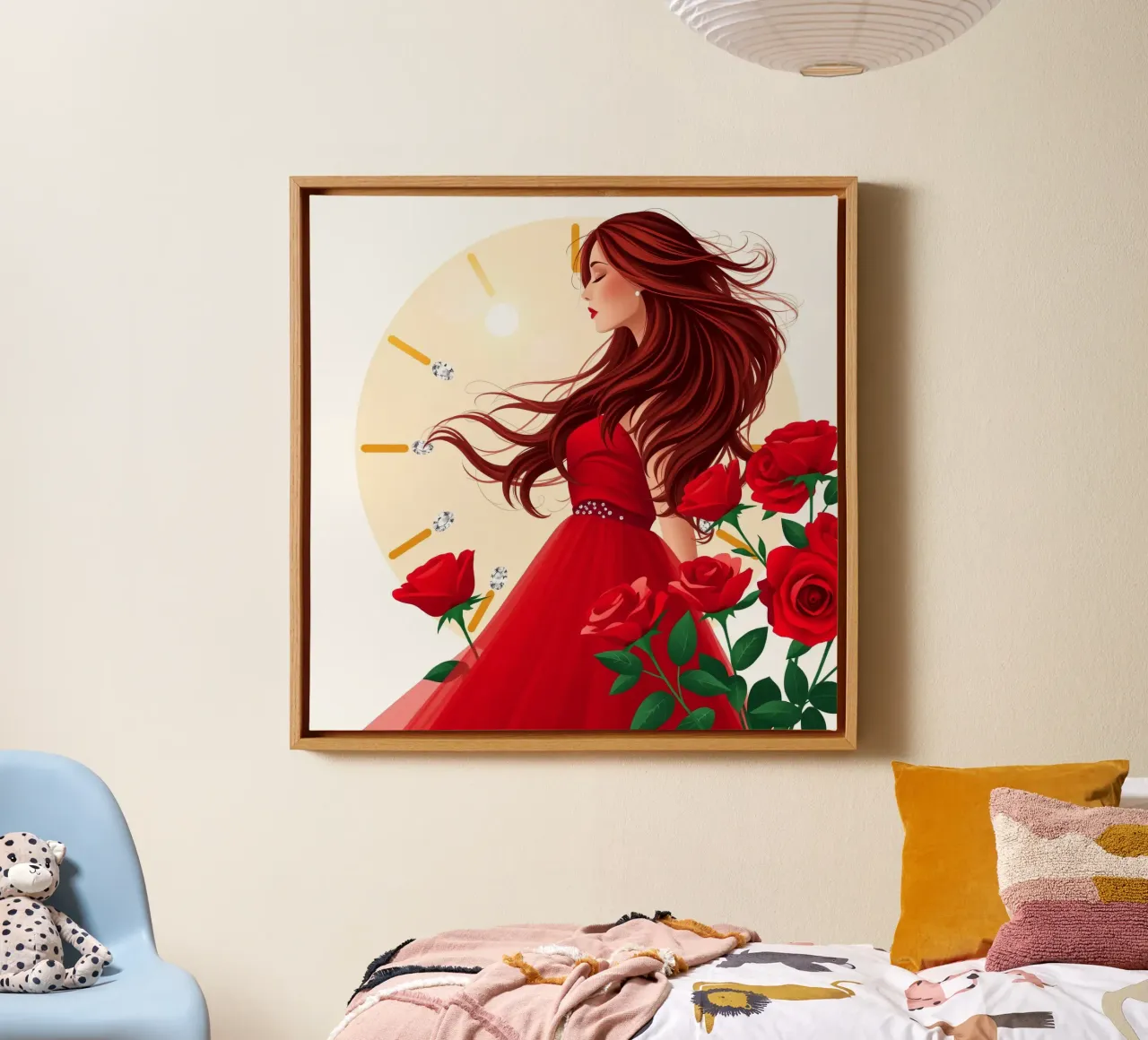 Una donna in un fluente abito rosso circondata da rose in fiore tela da DesignDoodle