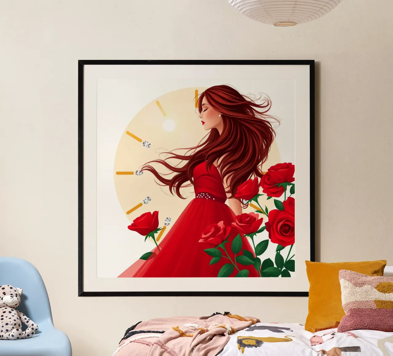 Una donna in un fluente abito rosso circondata da rose in fiore carta hahnemühle da DesignDoodle