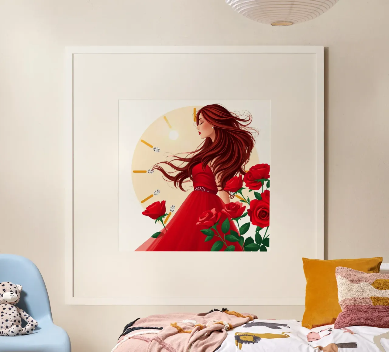 Una donna in un fluente abito rosso circondata da rose in fiore carta hahnemühle da DesignDoodle