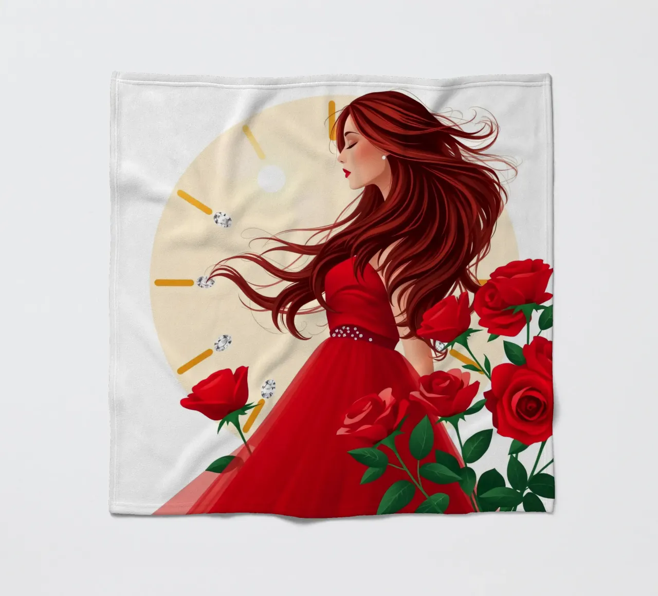 Una donna in un fluente abito rosso circondata da rose in fiore coperta in pile da DesignDoodle