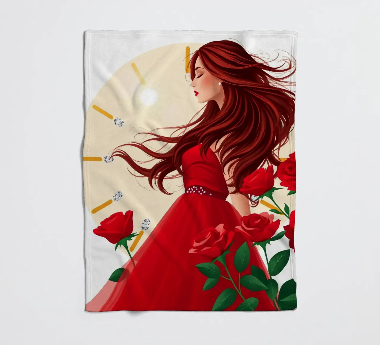 Una donna in un fluente abito rosso circondata da rose in fiore coperta in pile da DesignDoodle