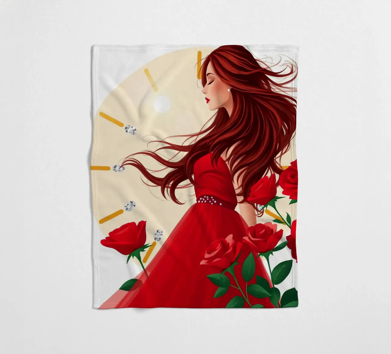 Una donna in un fluente abito rosso circondata da rose in fiore coperta in pile da DesignDoodle