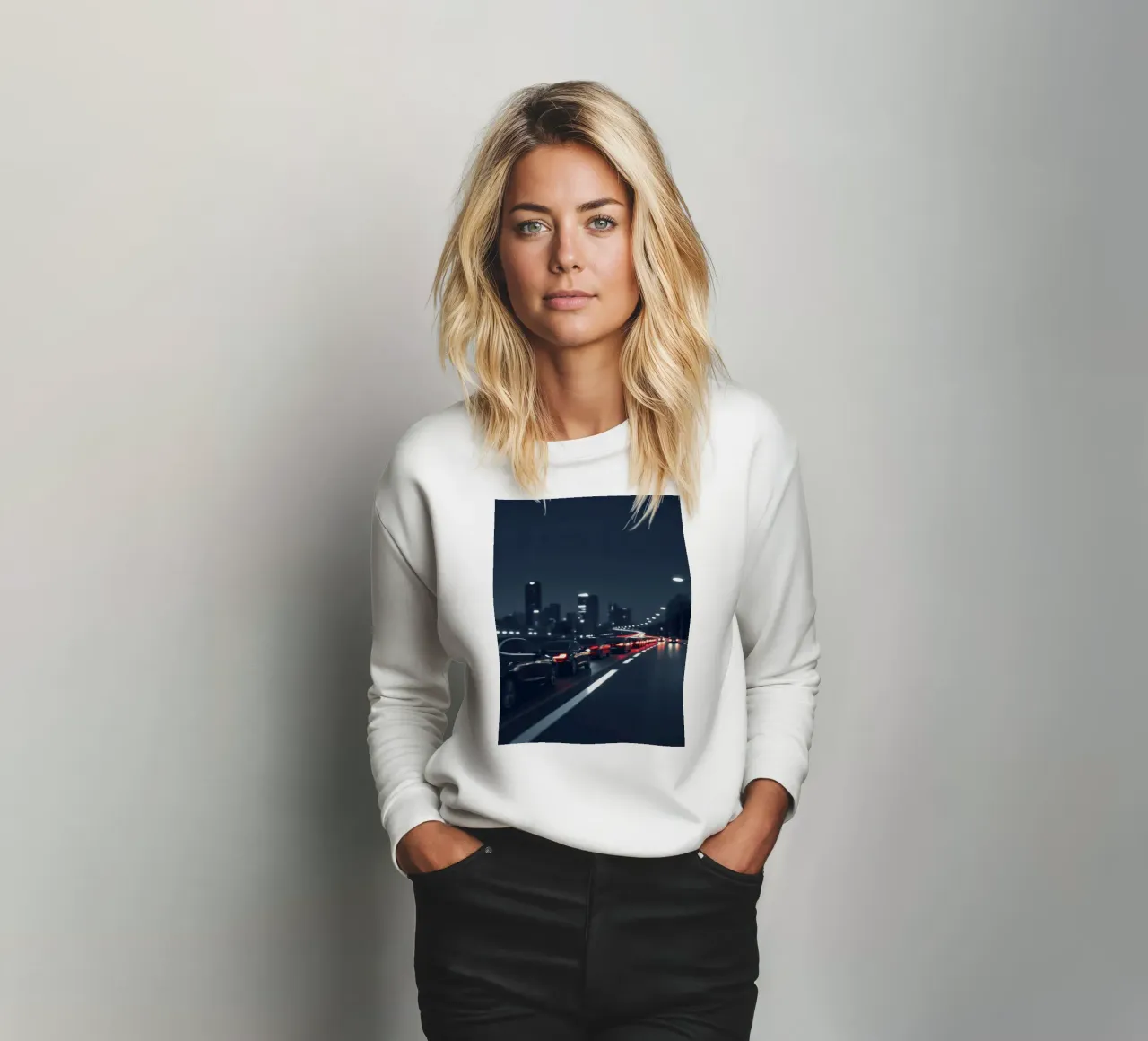 Traffic moving through a city highway at nigh sweatshirt by DesignDoodle