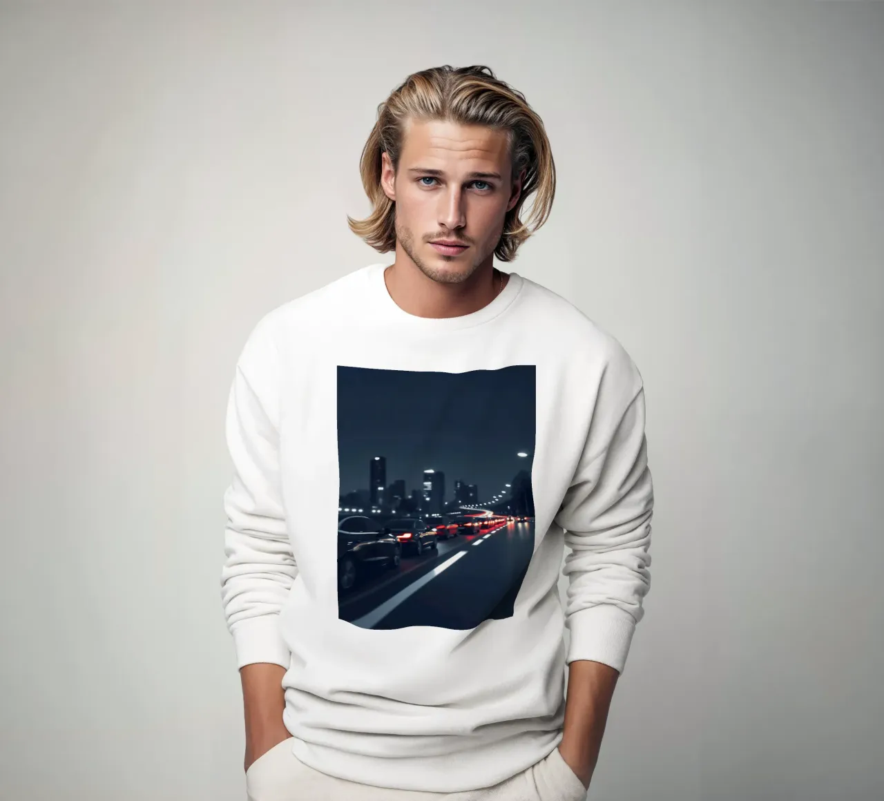 Traffic moving through a city highway at nigh sweatshirt by DesignDoodle