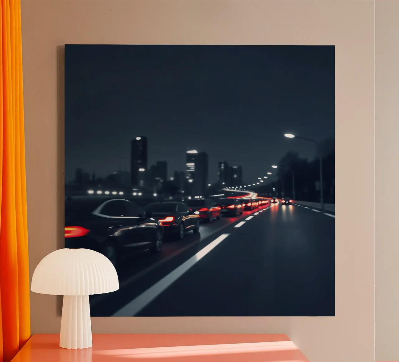 Traffic moving through a city highway at nigh canvas with Floater frame by DesignDoodle